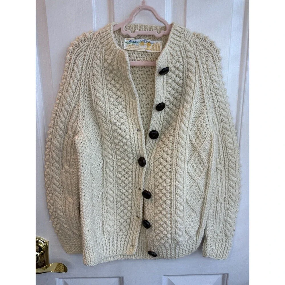 Vintage Glenairn Kids Wool Aran Sweater Hand Knit Ireland Cream Cardigan